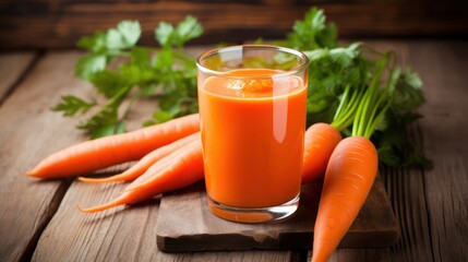 Glass of fresh carrot juice with fresh carrots on wooden table. Healthy drink. Generative AI
