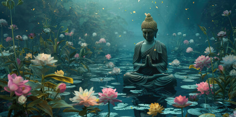 buddha seated on the water in the forest with flowers