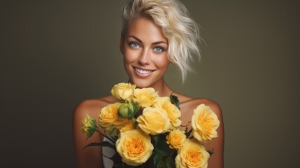 Happy smiling blonde woman with blue eyes holds a beautiful bouquet of yellow roses. AI Generated 