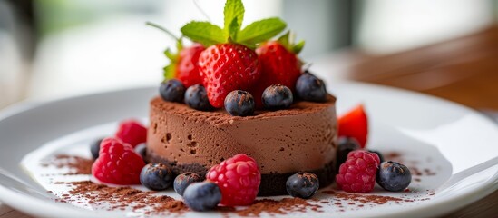 Indulge in Decadent Chocolate Mousse Topped with Fresh Strawberry, Blueberry, and Raspberry Delights