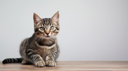Cute tabby kitten sitting on wooden floor and looking at camera Generative AI
