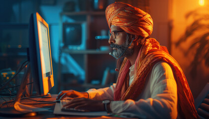 A Hindu in a national turban is working at a computer in the modern call-centre - obrazy, fototapety, plakaty