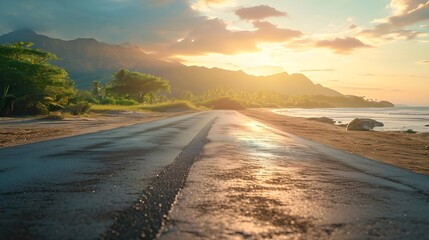 realistic photography of an asphalt road that connects directly to an exotic beach