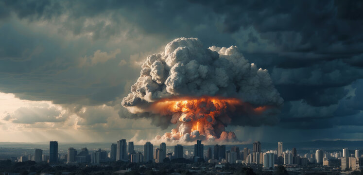 atom bomb, nuclear, very big explosion in a city