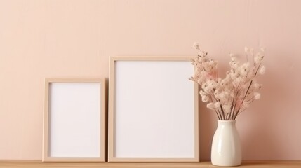 An empty mock-up in a wooden frame for a painting hanging on the wall in pastel colors, a workspace, a home office, vases with dried flowers in boho style on the table, a place for text