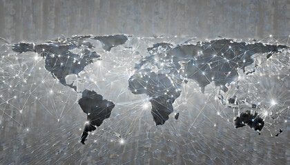 The ever-expanding digital realm of the global network world map on silver background.