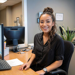 Happy medical billing coding specialist working office. Portrait of a female doctor
