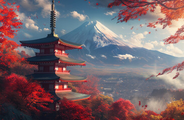 an ancient pagoda in the autumn colors with mount fuji
