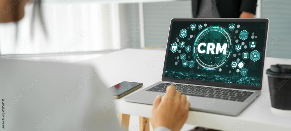 Poster customer relationship management system on modish computer for crm business and enterprise