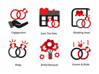 Six party icons in red and black as enagement, save the date, wedding vows