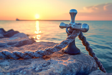 Sunset at the Harbor: Mooring Post and Rope