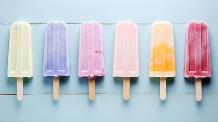 Variety of colorful ice cream popsicles on blue wooden background. Generative AI