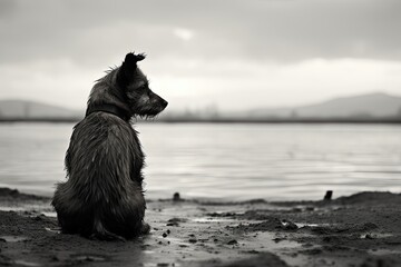 A lonely dog sitting on the shore. - obrazy, fototapety, plakaty