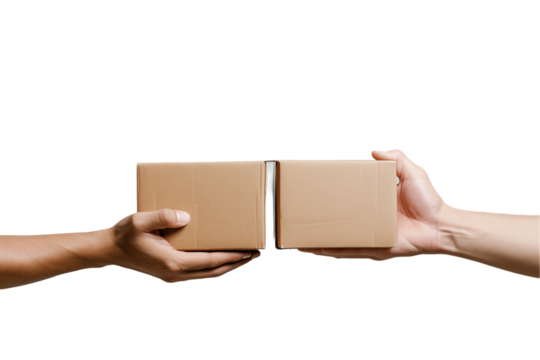 Person holds a cardboard box, a businessman reading a book, and credit card in hand, with a blank paper and old object nearby