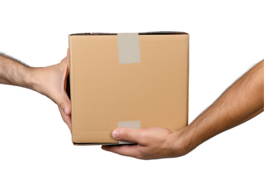 Smiling businessman holds a cardboard box, providing delivery service with a cheerful smile