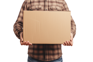 A person carrying a cardboard box, possibly for delivery or moving, in a business or courier service context
