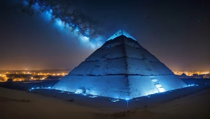 Foto op Canvas The Pyramid of Khufu in Giza illuminated in blue at the night in Egypt. Travel and Tourism © Gang studio