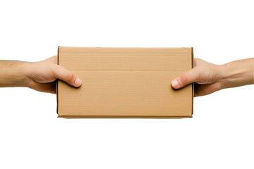 Isolated hand holding a blank cardboard box for business delivery with a brown carton, message, and envelope