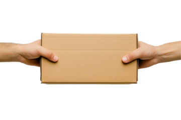 Isolated hand holding a blank cardboard box for business delivery with a brown carton, message, and envelope
