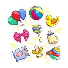 Baby shower and toys collection set. hand draw style