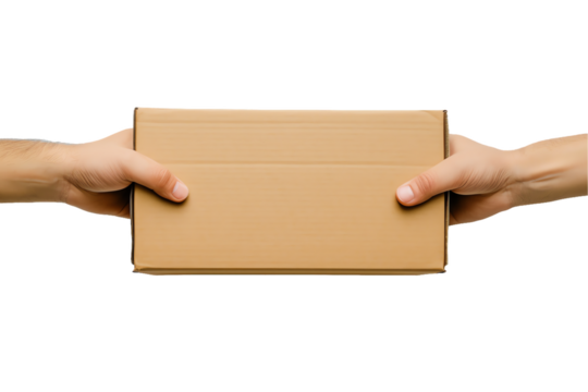 Isolated hand holding a blank cardboard box for business delivery with a brown carton, message, and envelope