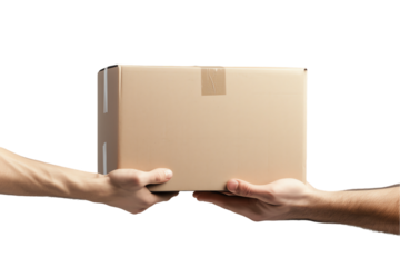 Businessman delivering an empty cardboard box with a blank paper, holding it securely in her hands as a gesture of giving and shipping