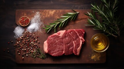 Raw beef steak with spices and herbs on wooden background. Top view Generative AI