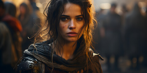 Brave Woman in Armor with Her Army Behind. Medieval War