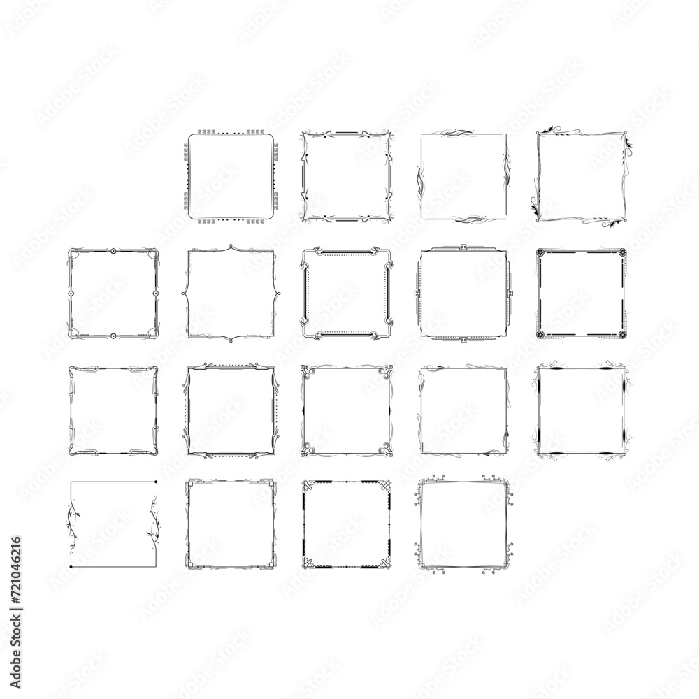 Aufkleber set black simple line frame collection doodle square floral frame elements vector design style sketc
