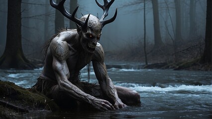 a mythological creature or evil spirit originating from Algonquian folklore wendigo sit beside a river - obrazy, fototapety, plakaty