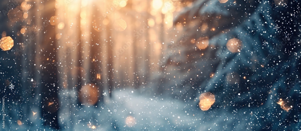 Poster winter forest with blurred snowflakes in morning light. snowflakes spin and glow, creating a bokeh a