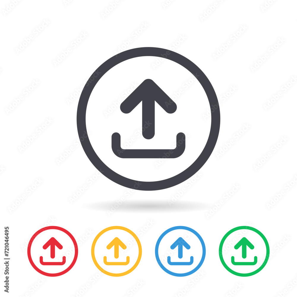 Poster upload icon with circle outline. upload or up arrow flat icon.