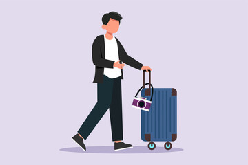 A man pushing a suitcase and camera on top of it. Traveling with bag or suitcase concept. Colored flat vector illustration isolated.