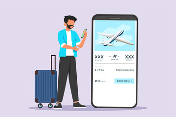 A man with a suitcase booked plane tickets on his phone. Traveling with bag or suitcase concept. Colored flat vector illustration isolated.
