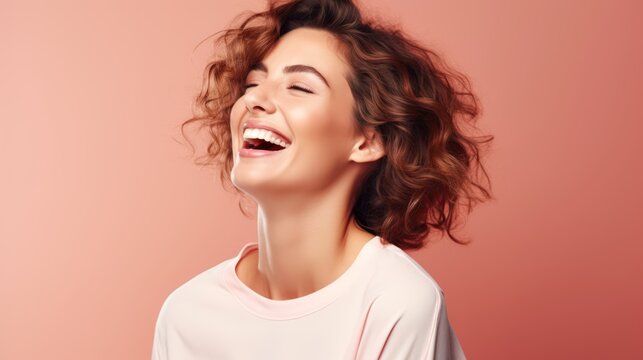 Portrait of a beautiful young woman laughing, over pink background. Generative AI