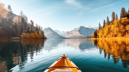 Minimalistic Clean Image of Kayak on Alpine Lake in Fall AI Generated - obrazy, fototapety, plakaty