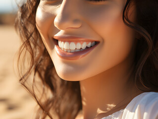 Close up of Smiling Young Women with Healthy White Teeth on Desert. For Healthcare, Veneers, and Dental Advertisements