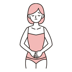 お腹のトラブルに悩む若い女性のシンプルイラスト　ピンク