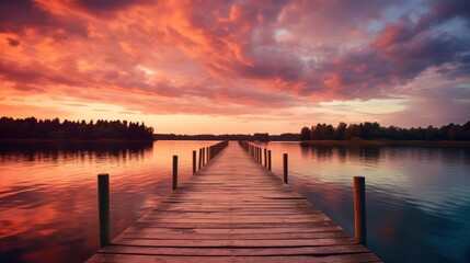 Wooden pier on the lake at sunset. Beautiful summer landscape. Generative AI - obrazy, fototapety, plakaty