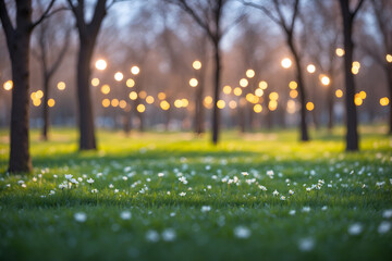 Sunset in the park, blurred city lights bokeh background
