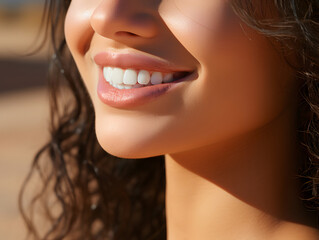 Fototapeta premium Close up of Smiling Young Women with Healthy White Teeth on Desert. For Healthcare, Veneers, and Dental Advertisements