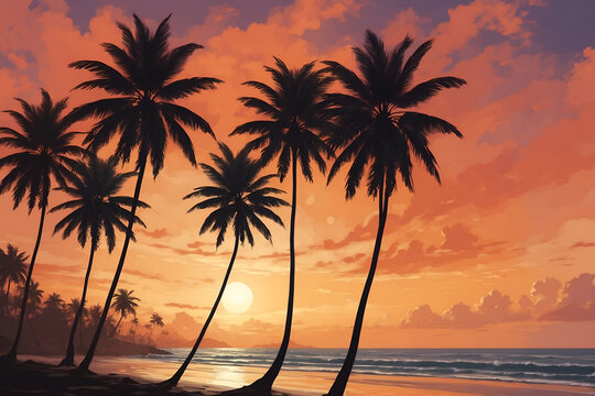 Sunset on the beach, cloudy sky with silhouette of palm trees illustration
