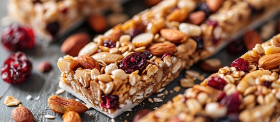 Close-up of nutritious granola bars with nuts and dried berries.