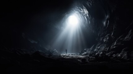 Man standing in the dark cave with light coming from the end. Generative AI