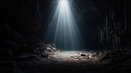 Mysterious dark cave with light rays coming from the end. 3D rendering Generative AI - obrazy, fototapety, plakaty
