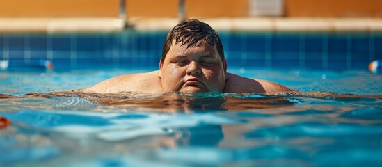 Obese Fat Boy Breaking Stereotypes with Pool-Day Fitness: Obese Boy Dives into Swimming Pool, Shattering Perspectives on Health-Obsessed Society