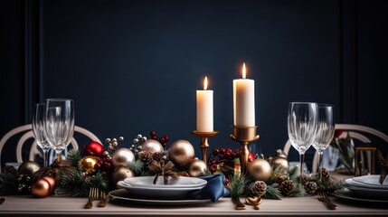 Christmas table setting with burning candles and golden baubles. Copy space. Generative AI