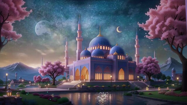 Illustration of A Mosque with A View of Fantasy World. There Are Cherry Trees and A Crescent Moon at Night. Ramadan Background. Seamless and Looping Digital Painting 4 K Animation Style ... AI 