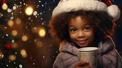 Portrait of a cute African-American girl in a warm sweater and a Santa hat with a cup of coffee on a Christmas background. Generative AI