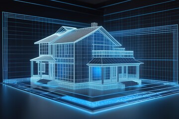 Hologram of a house and design in Real Estate project. Future Concept Simulation and connect Connect to Augmented Reality Metaverse .AI Generated